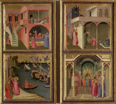 Fyra scener ur St. Nicholas liv: St. Nicholas ger tre flickor sin hemgift; St Nicholas valdes till biskop av Mira; Återuppliva en pojke som strypts av djävulen; Att befria Mira från svält av Ambrogio Lorenzetti
