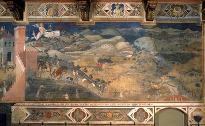 "Effekterna av bra och dåligt styre i stad och land". Detalj av effekterna av ett gott styre på landsbygden. Målning av Ambrogio Lorenzetti (1290-1348) 1338 - 1340. Fresk. Hall of the Nines, eller Hall of Peace, Palazzo Publico de Si av Ambrogio Lorenzetti