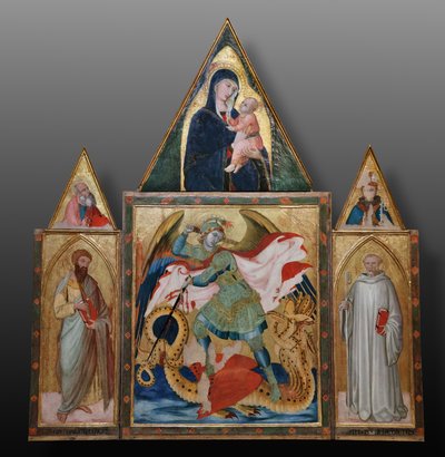 Ärkeängeln Sankt Mikael dräper draken mellan Benedictus och Bartolomeus (tempera på pannå) av Ambrogio Lorenzetti