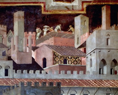Effekterna av bra och dåligt styre på staden och landet. Detalj av effekterna av god regering i staden - 1338-1340, Fresco av Ambrogio Lorenzetti
