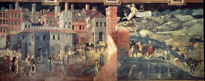 Effekterna av bra och dåligt styre på staden och landet. Detalj av staden. Fresk av Ambrogio Lorenzetti (1290-1348) av Ambrogio Lorenzetti