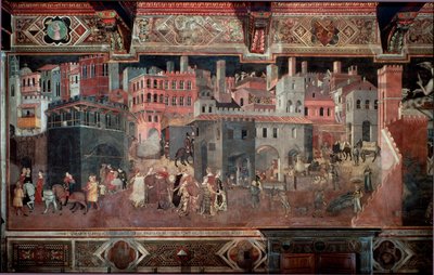 "Effekterna av bra och dåligt styre på staden och landet." Detalj av staden. Fresk av Ambrogio Lorenzetti (1290-1348) av Ambrogio Lorenzetti