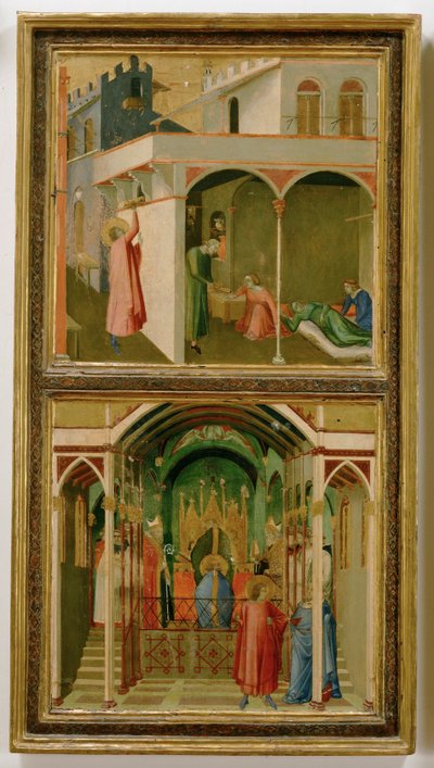 Två legender om Sankt Nikolaus av Myra: Helgonet ger en ... (tempera på trä) av Ambrogio Lorenzetti