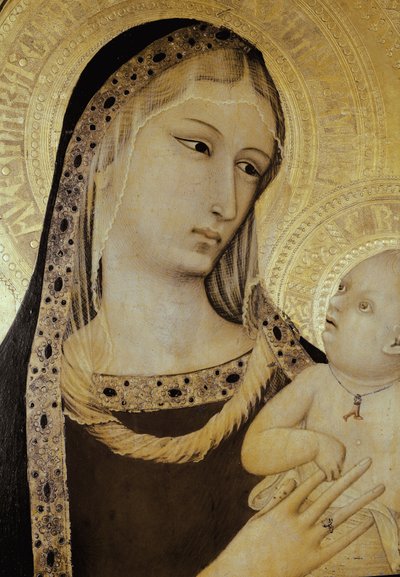 Jungfru och barn, detalj. Triptyk av den helige åklagaren (Tempera på trä av Ambrogio Lorenzetti