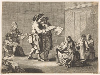 Fem män och kvinnor tittar på bilder av Ambrogio Orio