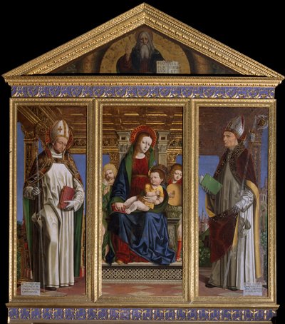 Jungfru och barn med de heliga Saint Hugh of Avalon (eller Hugh of Lincoln) (1140-1200) och Saint Hugh of Grenoble (eller Hugh of Chateauneuf) (1053-1132) Målning av Ambrogio da Fossano dit il Bergognone (1481-1522) Cathedrale Saint Just, Susa, Turin av Ambrogio da Fossano (c.1460 1523)