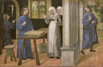 Bönen, silens mirakel och avresan till Subiaco, predellapanel från en altartavla som föreställer scener ur St. Benedictus liv, 1488-95 av Ambrogio da Fossano
