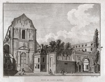 Kyrkan Blancs Manteaux i Marais-distriktet i Paris. cirka 1780 (gravyr) av Ambroise Louis Garneray