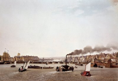 Vy över flodtrafiken på Seine till Rouen. Akvarell av Ambroise Louis Garneray (1783-1857) 1800-talets Paris, B.N. av Ambroise Louis Garneray