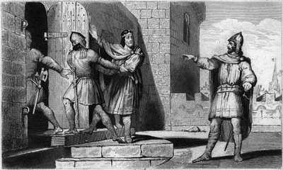 Karl III (879-929) den enfoldige tillfångatagen av en av sina soldater 923 - Fängelse av Karl III den enkle (879-929), 923: den före detta kungen av francen förråds i tron att finna en fristad hos Herbert av Vermandois. av honom och skickas i fängelse av Ambroise Tardieu