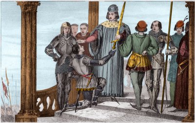 Charles V (1358-80) den vise överlämnar sitt svärd till Duguesdin - Charles V Le sage (1338-1380) presenterar högtidligt svärdet av den anslutna Bertrand du Guesclin (1320-1380) - Gravyr 1825 i "Histoire de France representerade av synoptiska målningar" de av Ambroise Tardieu
