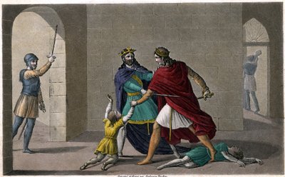 Childebert I lät Clotaire (Clothaire) slakta barnen till deras bror Clodomir, kung av Orleans, vars stater de delar. Designad och graverad av Ambroise Tardieu 1825. av Ambroise Tardieu
