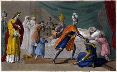 Död av Pepin av Herstal (635-714) omgiven av sin familj - Pepin de Herstals död (farfar till Pepin le Brief), omgiven av sin familj och i närvaro av Dagobert III (714) - Ritning och grav av Ambroise Tardieu i 1825 av Ambroise Tardieu