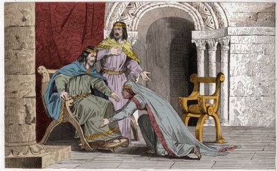 Emme kysser knäet på sin man Raoul (d936) som ett erkännande av sin suveränitet - Emma de France (894-934) kysser knäna på sin man Raoul (ca 890-936) som hon valde till kung under Karl III:s fångenskap det enkla - gravyr från 1825 in av Ambroise Tardieu