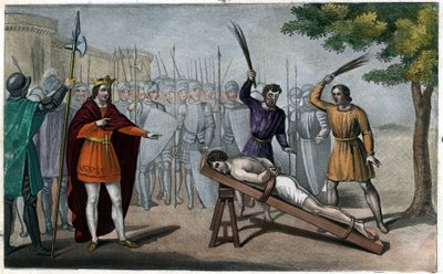 Lord Bodillon piskas efter att ha klagat över Childeric II:s (653-73) skattehöjning - Childeric II har bundit fast en burgundisk lord vid namn Badillon eller Bodillon vid en stolpe och slagit honom som en slav för att han vågat påtala faran med en alltför  av Ambroise Tardieu