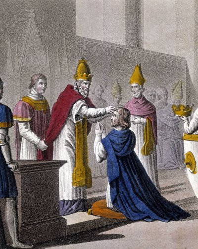 Ludvig II invigdes en andra gång vid konciliet i Troyes av Johannes VIII 879 (detalj av 33595). Designad och graverad av Ambroise Tardieu 1825. av Ambroise Tardieu