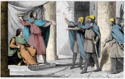 Louis V the Indolent visar sin krona för sina anhängare 986 - Louis V le Faineant (ca 967-987), utropad till kung av Frankrike under skydd av Hugues Capet, som blev kung av Frankrike, 986 - Gravyr 1825 i " Histoire de France representerad av synopt av Ambroise Tardieu