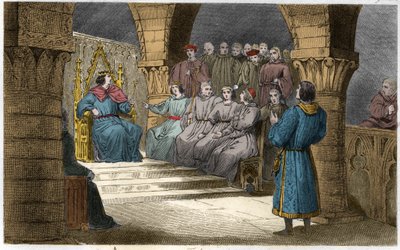 Filip V (1294-1322) den långe och generalstaterna avvisar anspråken från Jeanne II (Salisk lag) - Philippe V dit "" Le Long"" (1294-1322) - Generalstaterna, kallade till Louvren, förklarade Filip V till kung och uteslöt från kronan sin systerdotter Jeann av Ambroise Tardieu