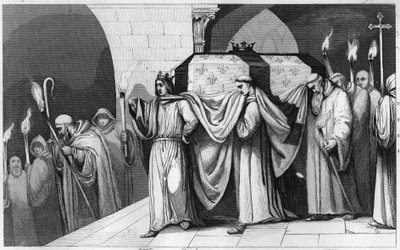 Philippe III The Bold (1245-1285) hjälper till att bära in sin fars kista i Basilica of Saint Denis 1271 - Philippe III the Hardi transporterar relikerna av sin far Ludvig IX (Saint Louis) till basilikan Saint Denis, kungars nekropol i 1271 - Gravyr av Ambroise Tardieu