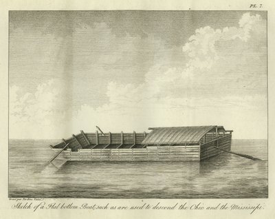Skiss över en båt med platt botten, som används för att ta sig nerför Ohio och Mississippi, publicerad 1826. av Ambroise Tardieu