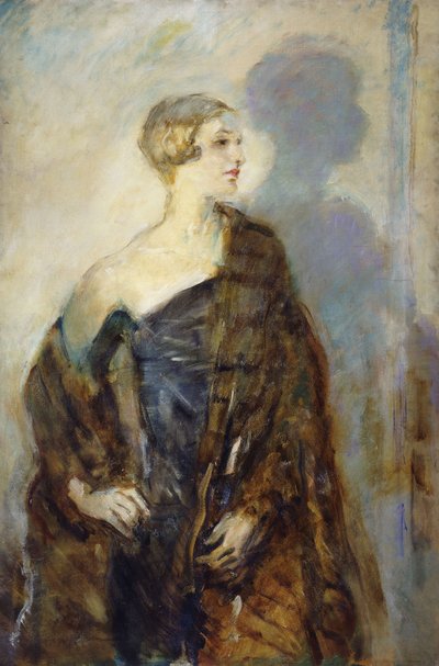 Porträtt av Lady Abdy, trekvartslängd, klädd i en pälslinda, av Ambrose McEvoy