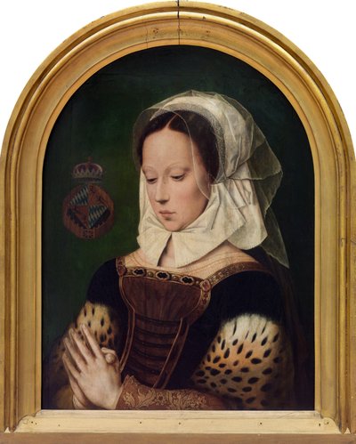 Kvinna vid böner (olja på panel) av Ambrosius (after) Benson