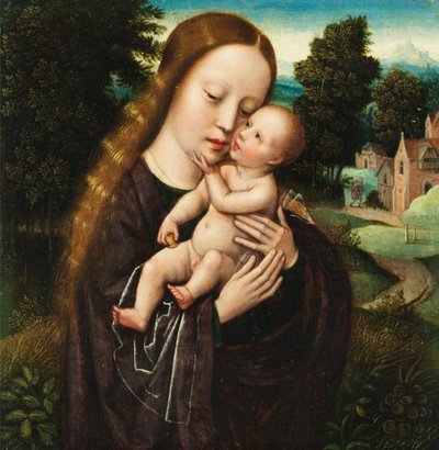 Ambrosius Benson Maria med barnet i landskap av Ambrosius Benson