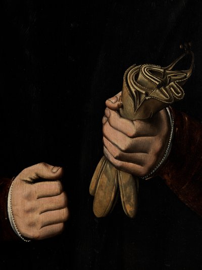 Detalj av porträtt av Otho Stochoven (olja på panel) av Ambrosius Benson