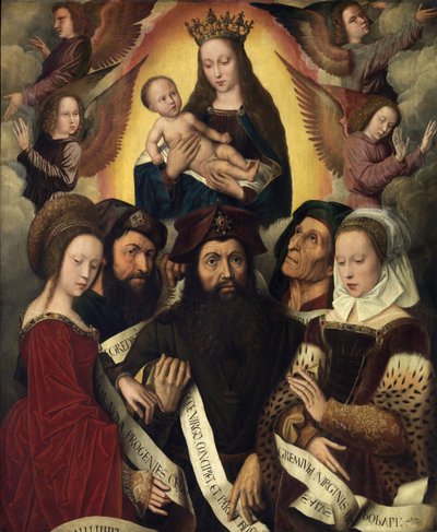 Holländska: Maria med barnet omgiven av änglar, profeter och sibyllor Deipara Jungfrun av Ambrosius Benson