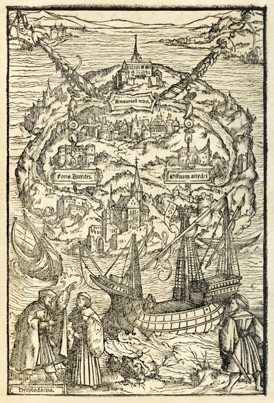 Karta över New Island of Utopia från en utgåva av Utopia från 1518 av Sir Thomas More (1478-1535), publicerad första gången 1516. Träsnitt av Ambrosius Holbein (ca 1494-c. 1519) som visar ön med huvudpersoner av Ambrosius Holbein
