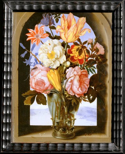 Blomsterbukett i en stenbåge som öppnar sig mot en ... av Ambrosius II Bosschaert