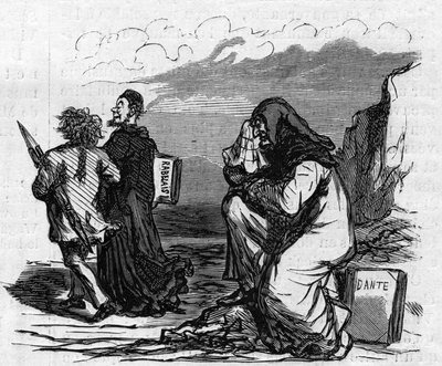 Stackars Dante börjar gråta när han ser Gustave Dore arm-och-arm-och-arm-ned med den lille Rabelais-mannen. Tecknad av Cham. Gravyr i "" Le Monde Illustré"" nr 821 den 4 januari av Amédée de Noé