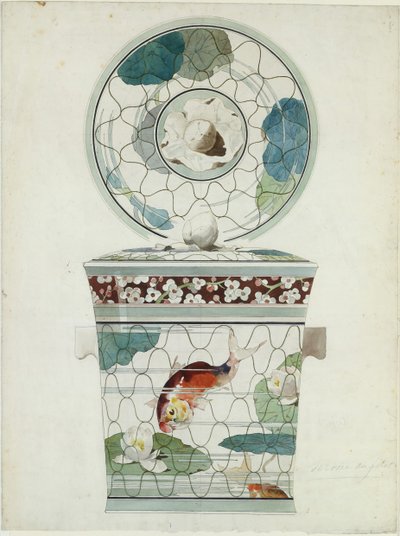 Design för ett täckt fat i Service au Filet Fish Net Ware..., 1875-85. av Amédée de Caranza.