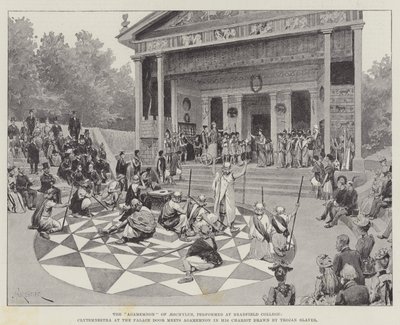 "Agamemnon" av Aeschylus, framförd på Bradfield College, Klytemnestra vid Palace Door möter Agamemnon i sin vagn tecknad av sina trojanska slavar (litho) av Amedee (after) Forestier