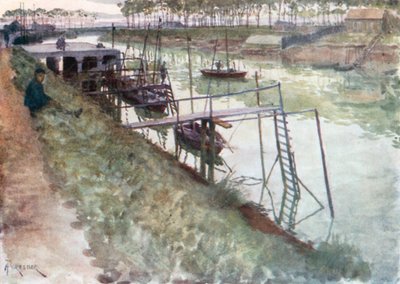 Kajen, med ålbåtar och landningsplatser, Nieuport (färglitografi) av Amedee (after) Forestier