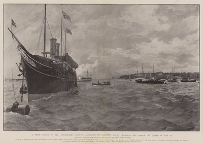 Ett privat råd till sjöss, rådsmedlemmar anländer tillsammans med Hans Majestäts Yacht Victoria och Albert vid Cowes den 26 juli av Amedee Forestier
