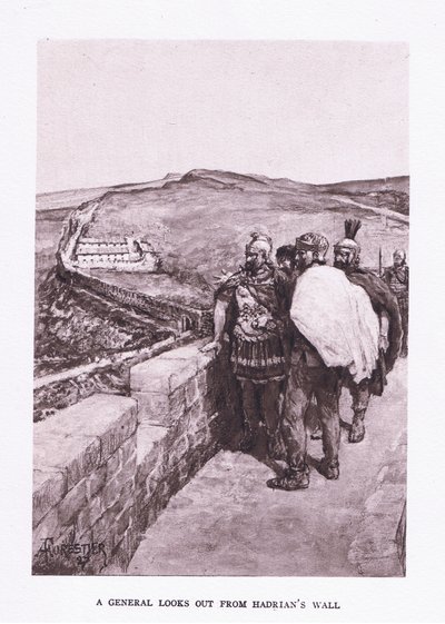En general ser ut över Hadrianus mur, illustration från The Roman Soldier, 1928 av Amedee Forestier