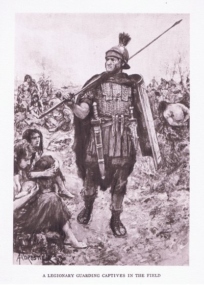 En legionär som vaktar fångar på ett fält, illustration från The Roman Soldier, 1928 av Amedee Forestier