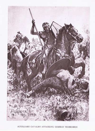 Hjälpkavalleri attackerar tyska stammän, illustration från The Roman Soldier, 1928 av Amedee Forestier
