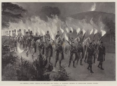 Våra kejserliga gäster, tsarens och tsarinans ankomst till Balmoral, eskorterad av högländare som bär facklor av Amedee Forestier