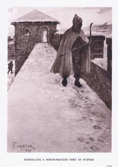Patrullerar ett nordbrittiskt fort på vintern, illustration från The Roman Soldier, 1928 av Amedee Forestier