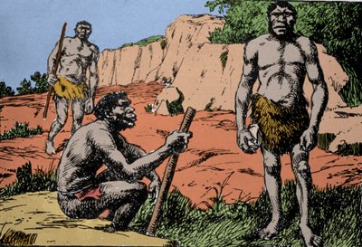 Förhistoria: representation av Homo rhodesiensis eller mannen från Broken Hill, förfader till Homo sapiens, vars fossiler upptäcktes i Rhodesia (dagens Zambia i Afrika). Teckning av A. Forestier. DR av Amedee Forestier