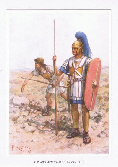 Rorarius och Triarius vid Camillus, illustration från The Roman Soldier, 1928 av Amedee Forestier