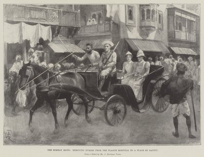 The Bombay Riots, tar bort sjuksköterskor från pestsjukhuset till en plats för säkerhet av Amedee Forestier