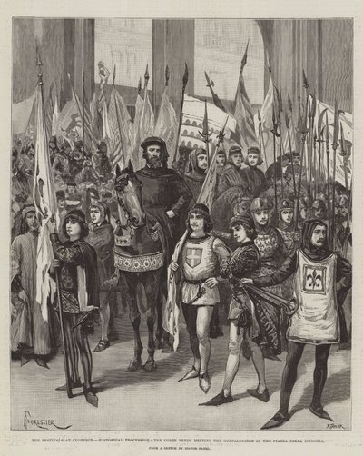 Festivalerna i Florens, historisk procession, Conte Verde möter Gonfaloniere på Piazza della Signoria av Amedee Forestier