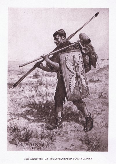 Impeditus eller fullt utrustad fotsoldat, illustration från The Roman Soldier, 1928 av Amedee Forestier