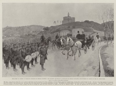 Drottningen i Cimiez, en trevlig instans av fransk artighet, hennes majestät saluterade av en bataljon franskt infanteri, påträffad av en slump på St Andre Road av Amedee Forestier