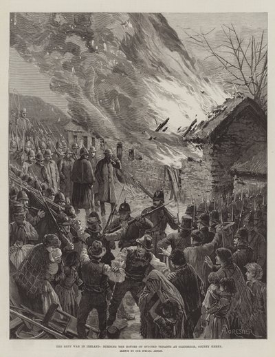 Hyreskriget i Irland, brännande av husen till avhysta hyresgäster i Glenbeigh, County Kerry av Amedee Forestier