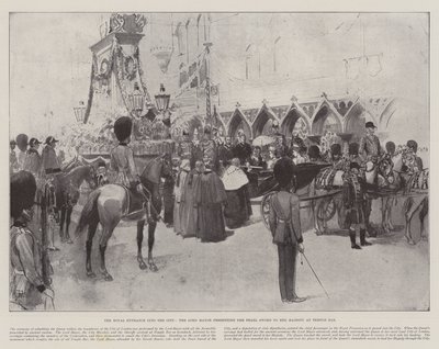 Det kungliga intåget i staden, överborgmästaren överlämnar Pearl Sword till Hennes Majestät i Temple Bar. av Amedee Forestier