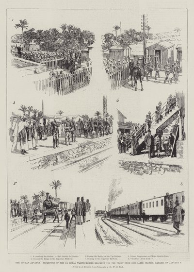 Soudan Advance, avgång av 6:e Royal Warwickshire Regiment för fronten från Sidi-Gaber Station, Ramleh, den 9 januari av Amedee Forestier